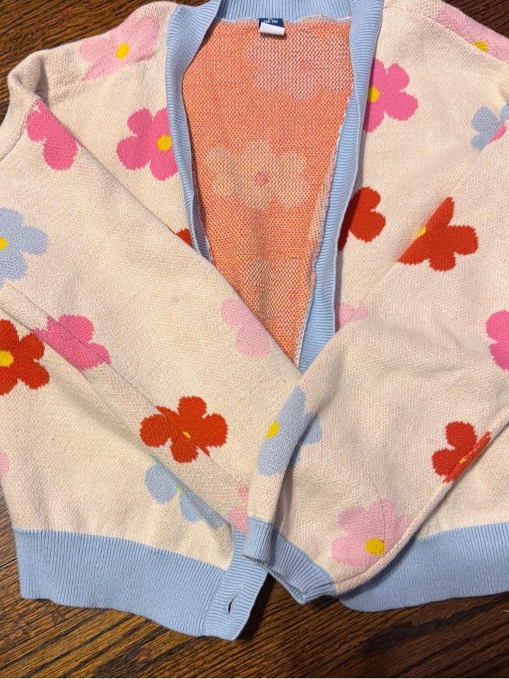 Old Navy Pink Floral Knit Cardigan with Blue Trim
